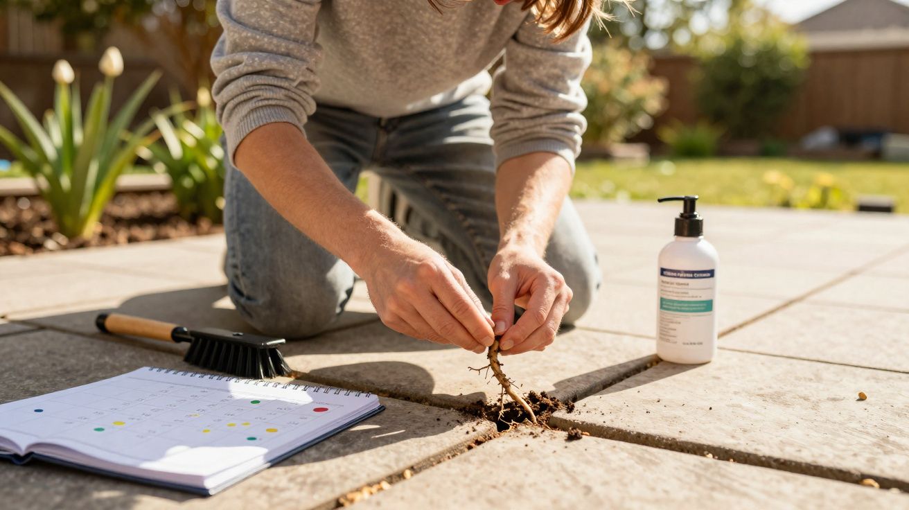 Person kneeling on a patio removing weeds from patio cracks, with a brush, lotion bottle, and open calendar nearby.