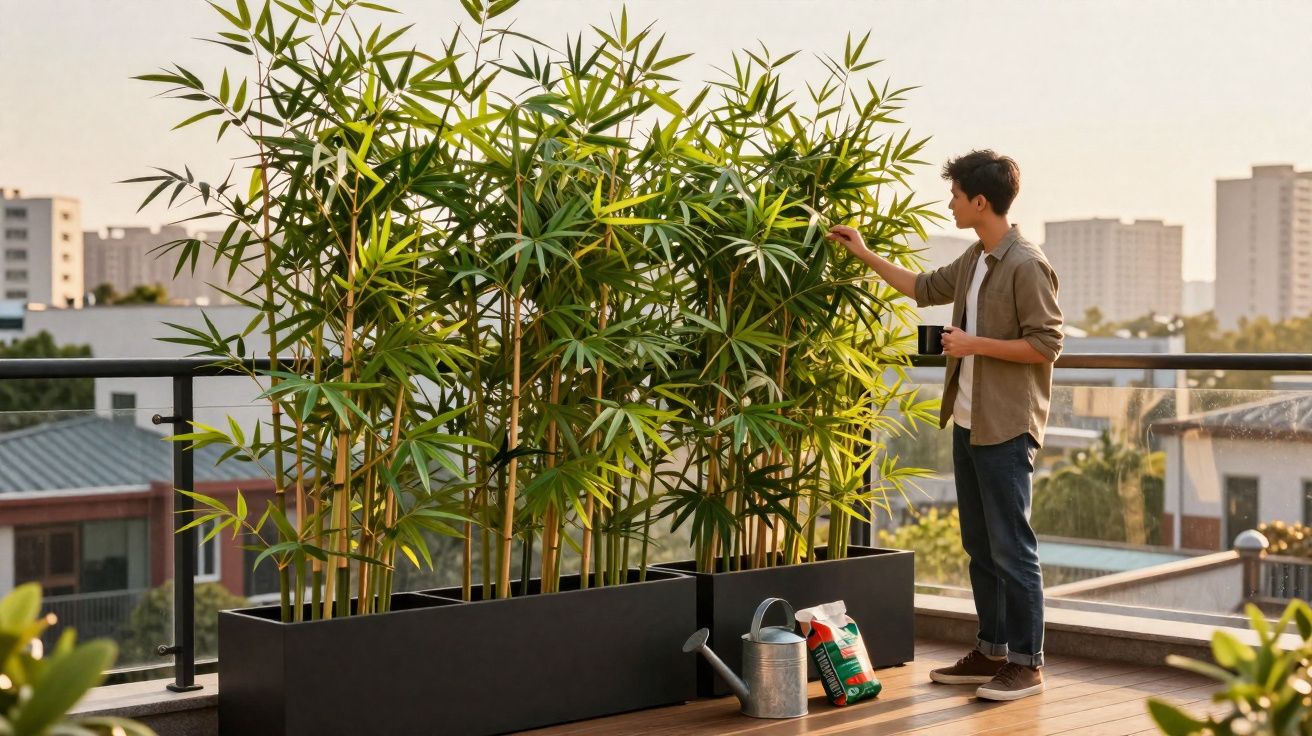 Young man tending bamboo plants on balcony at sunset with watering can and plant food nearby.