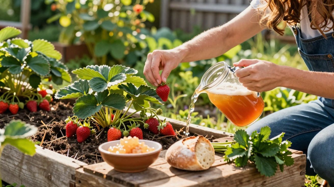 Person picking a strawberry and pouring drink beside a garden bed with strawberries, bread, and a bowl of jam.