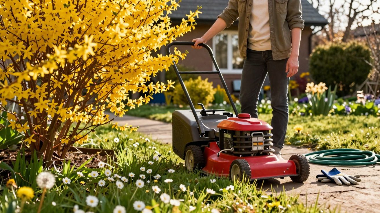 Person mowing a green lawn beside a yellow flowering bush and daisies in a sunny garden.