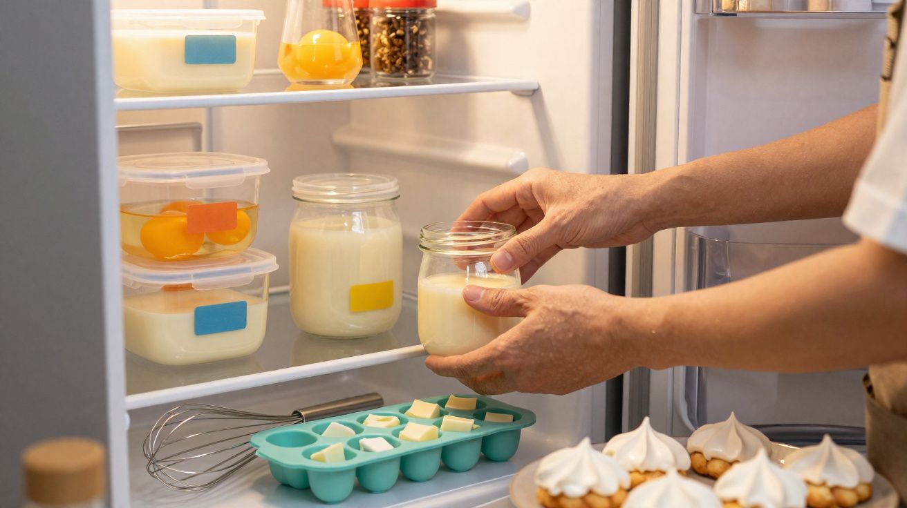 Person placing a jar of milk into a fridge with containers, butter in ice cube tray, and meringue tarts nearby.