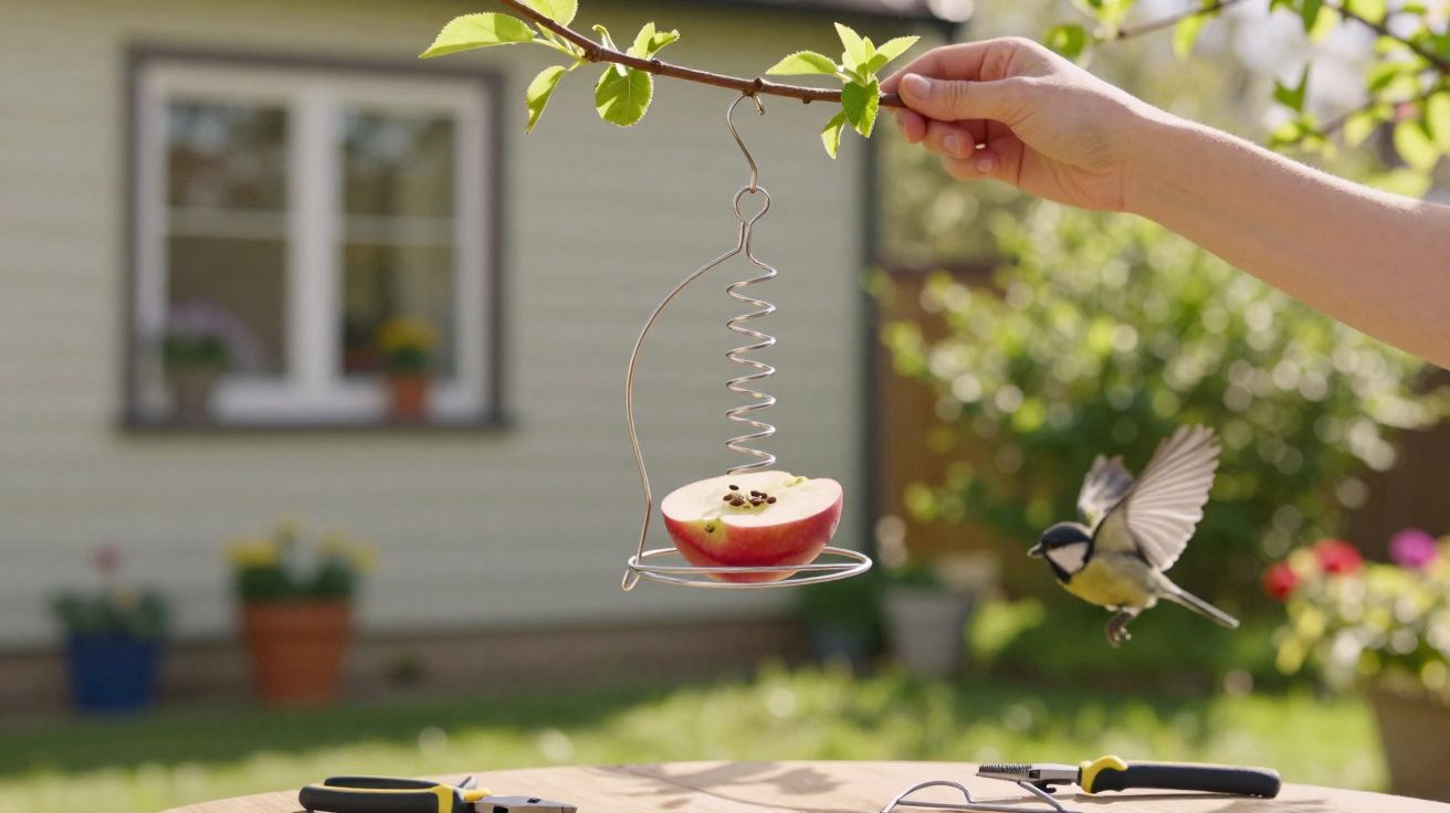 Hand holding a hanging apple bird feeder with a bird flying nearby in a garden setting.