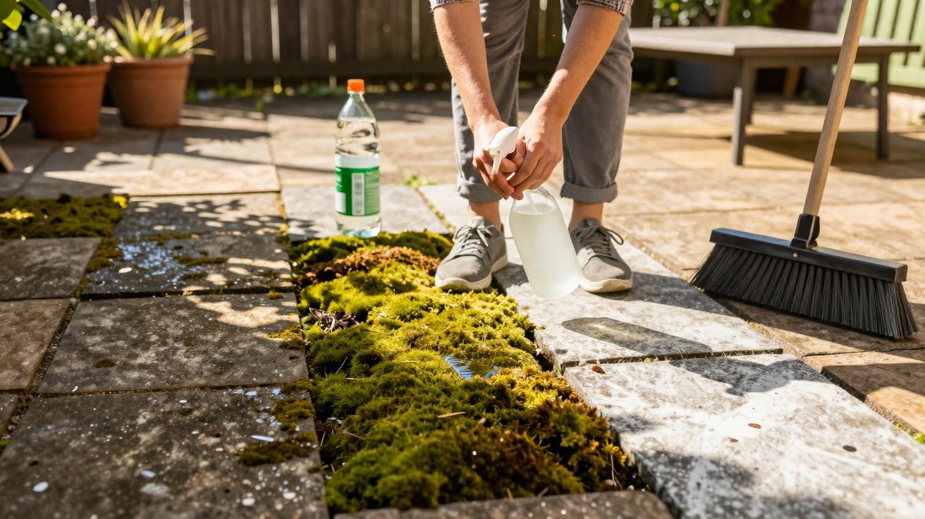 Person spraying a cleaning solution on moss growing between patio slabs outdoors on a sunny day.