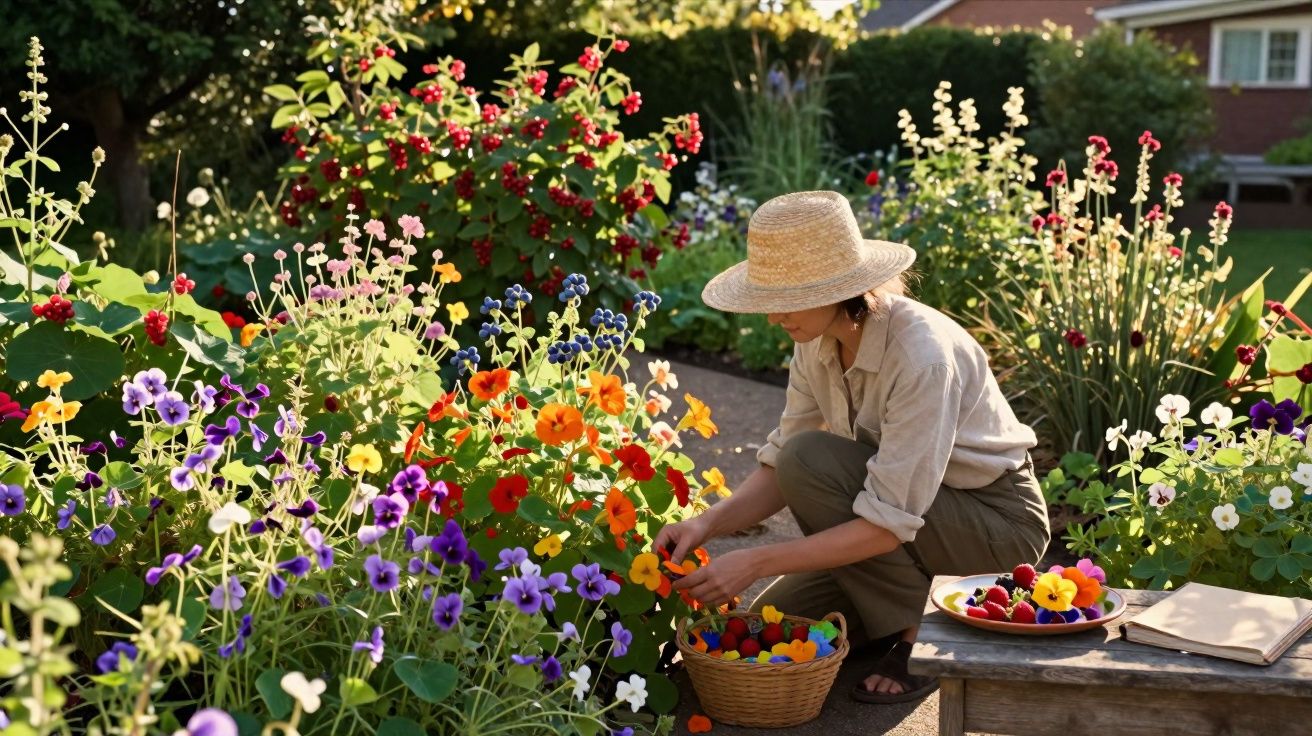 Person in a straw hat picking vibrant flowers in a colourful garden on a sunny day.