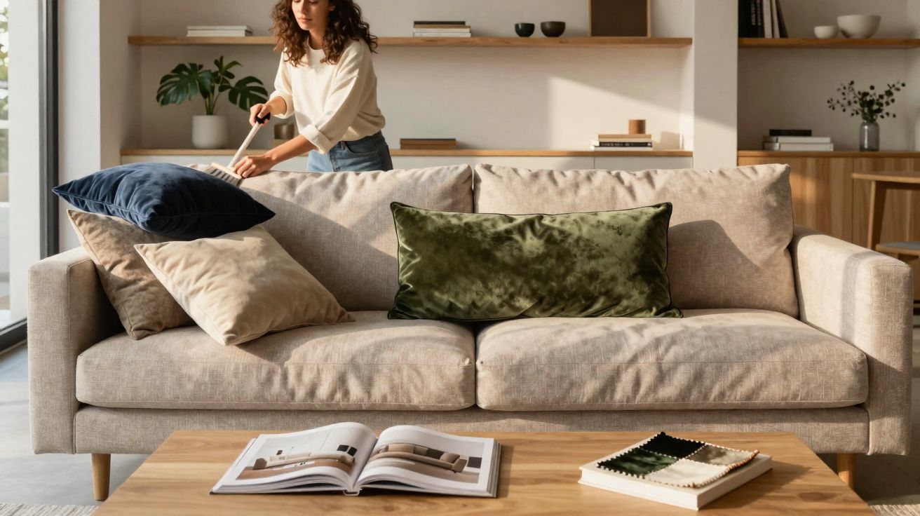 Woman arranging cushions on a beige sofa in a modern living room with a wooden coffee table and open book.
