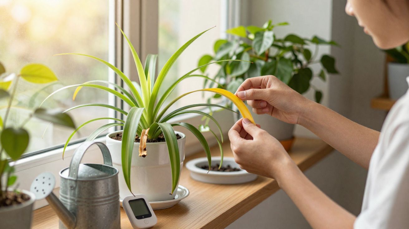 Person inspecting a yellowing leaf on a potted spider plant by a sunny window.