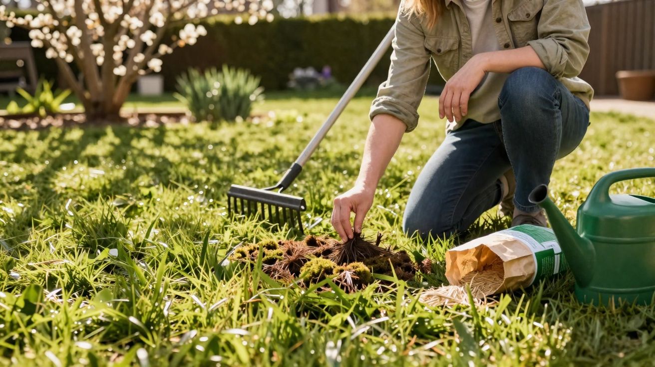 Person planting seeds in a grassy garden with a watering can, rake, and seed packet nearby on a sunny day.