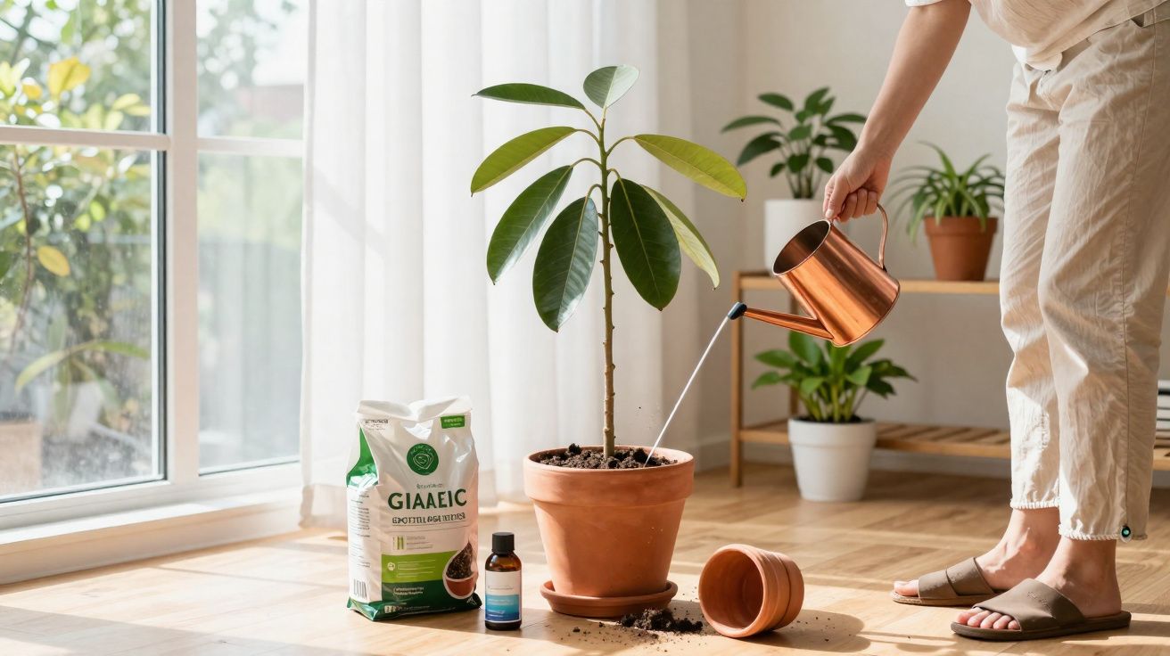 Person watering a potted plant indoors beside gardening soil, fertilizer, and an empty pot on a wooden floor.