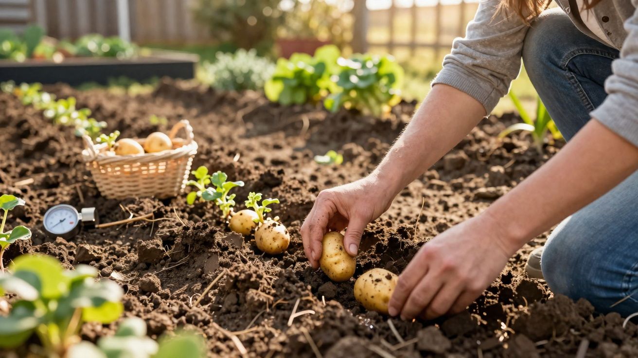 Person harvesting potatoes from soil in a garden with a basket and gardening tools nearby.