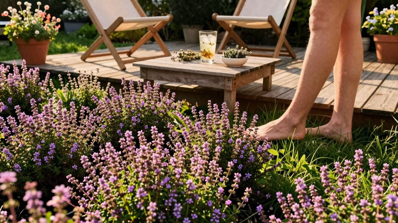 Sunlit garden with purple flowering plants, bare feet on grass, wooden table with drinks, and two deck chairs.