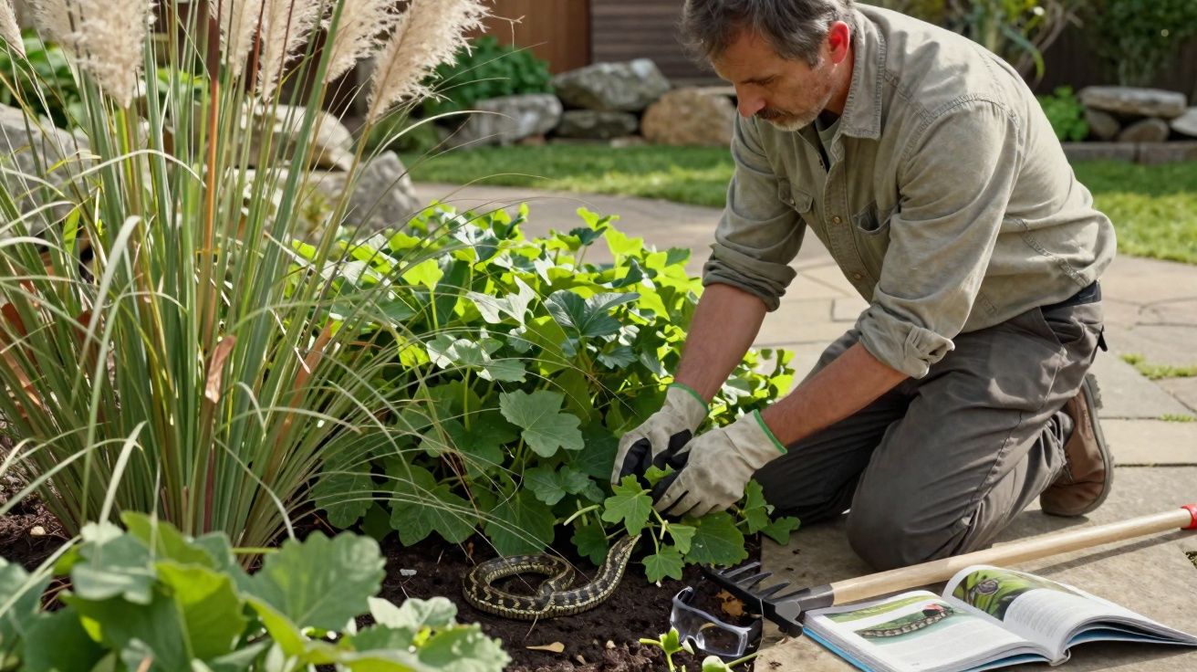Man wearing gloves carefully handling a snake in a garden bed surrounded by plants and gardening tools.