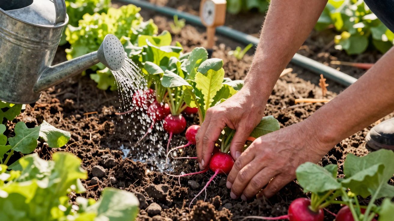 Hands harvesting radishes in a garden bed while water is being poured from a metal watering can.
