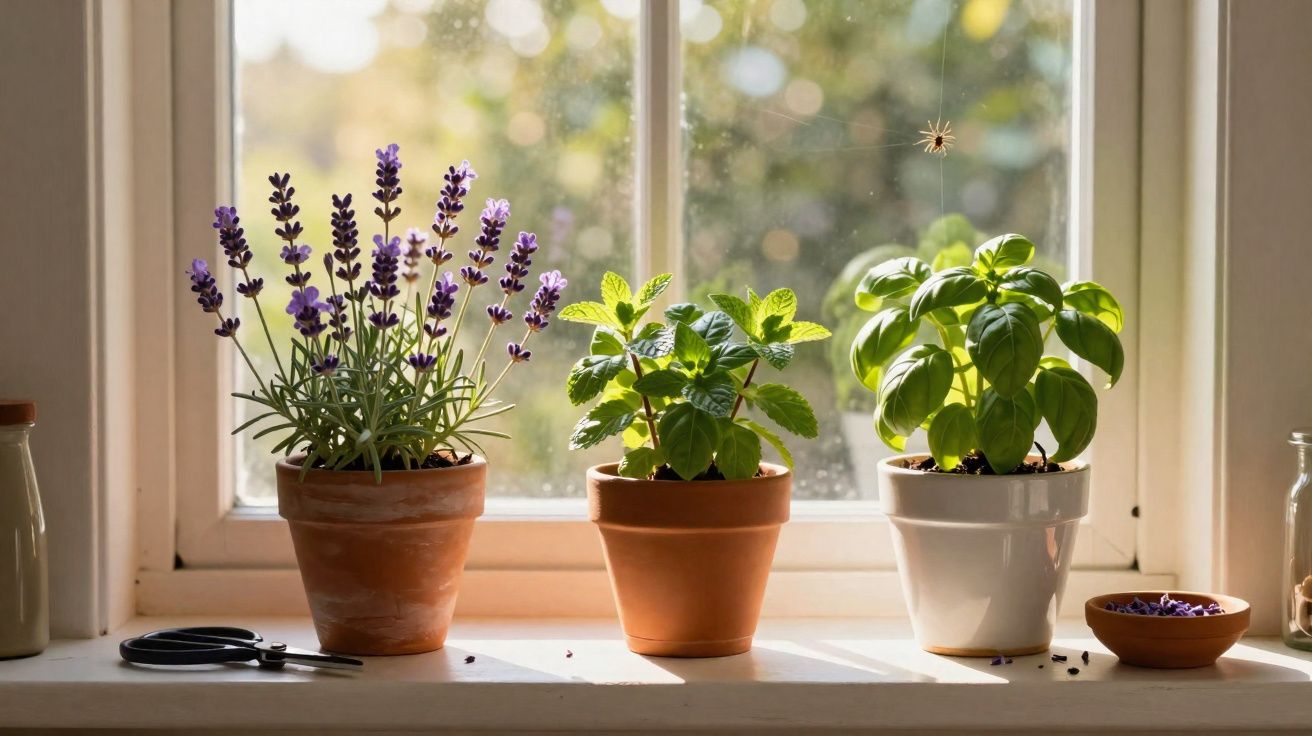 Three potted herbs on a windowsill with sunlight streaming in and a small spider hanging in the window.