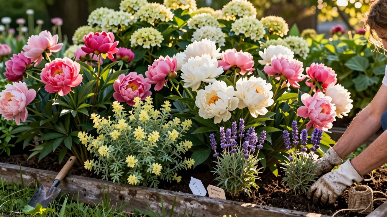Raised garden bed with blooming pink, white, and purple flowers, and a person planting with gloves on.