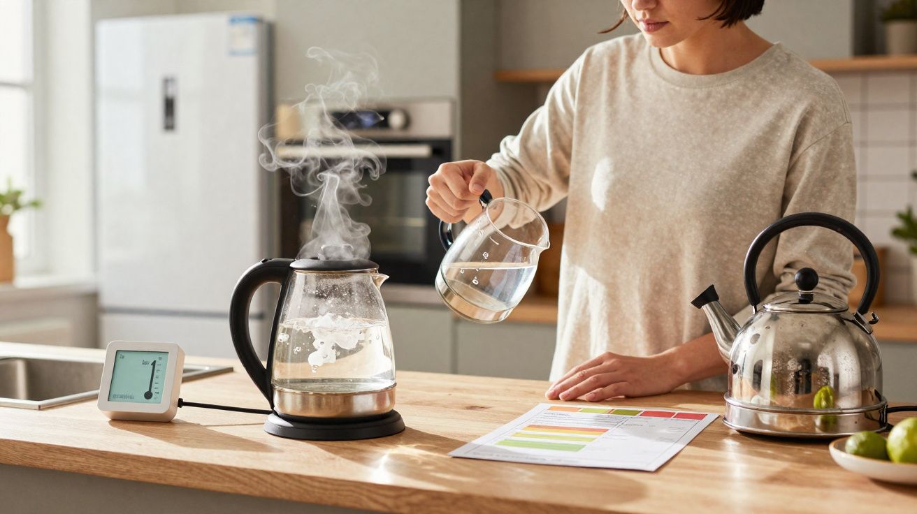 Person pouring water into a boiling kettle on a kitchen counter with a temperature monitor nearby.