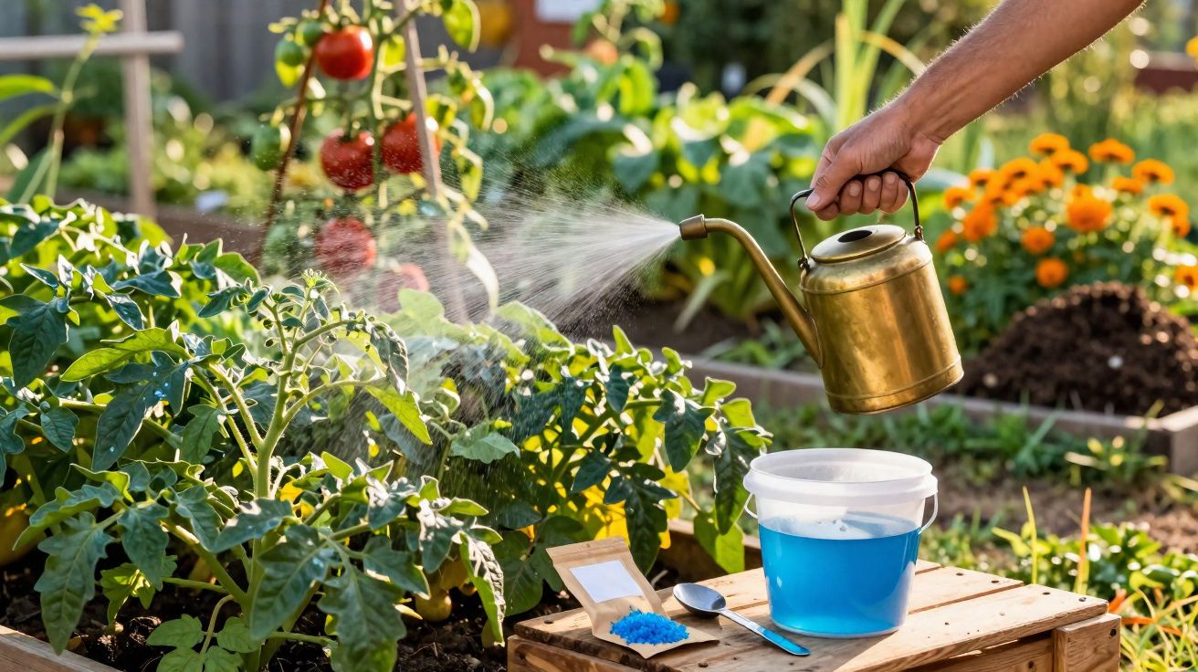 Hand watering tomato plants in a garden with a brass watering can and blue liquid on a wooden crate.