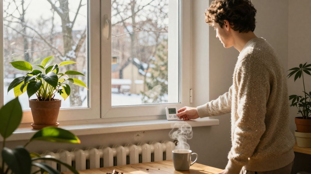 Young man adjusting thermostat near window with potted plants and steaming cup on table in cosy room.