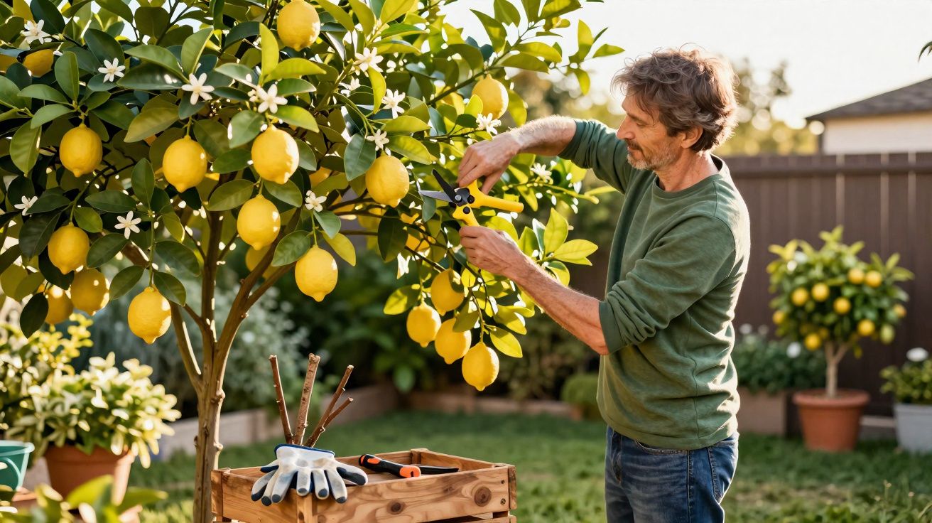 Man pruning a lemon tree in a sunny garden with gardening tools on a wooden table nearby.
