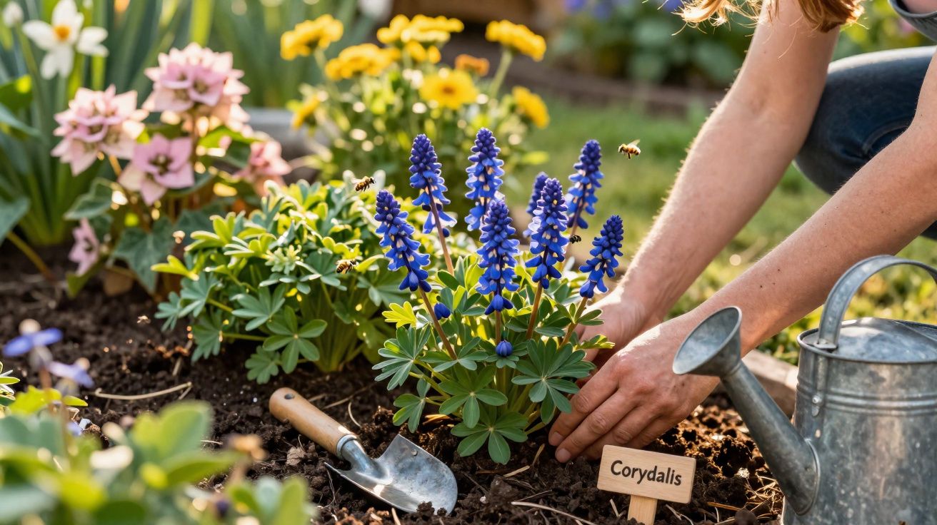 Person planting blue Corydalis flowers in a garden bed with a watering can and hand trowel nearby.