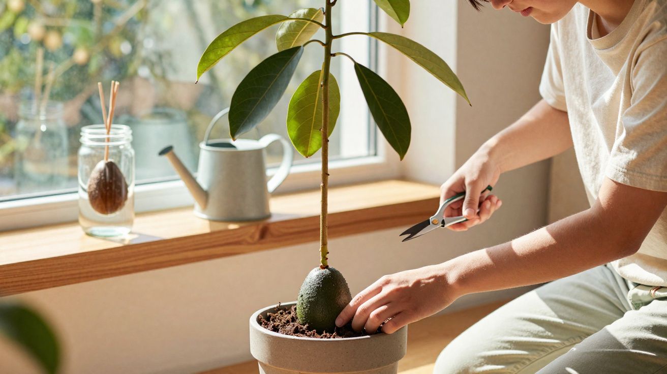 Person trimming a young avocado plant growing in a pot near a sunny window with gardening tools nearby.