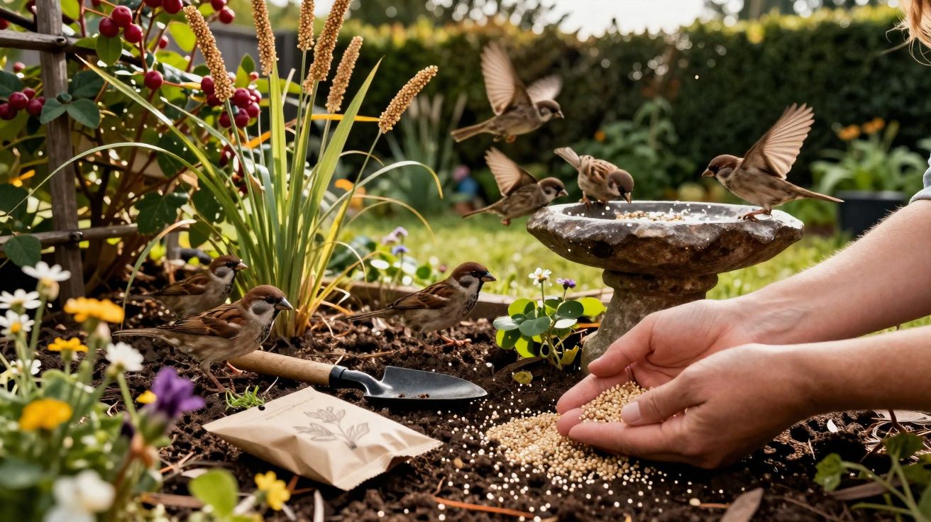 Hands scattering birdseed on soil near garden birds feeding from a stone birdbath in a sunny garden.
