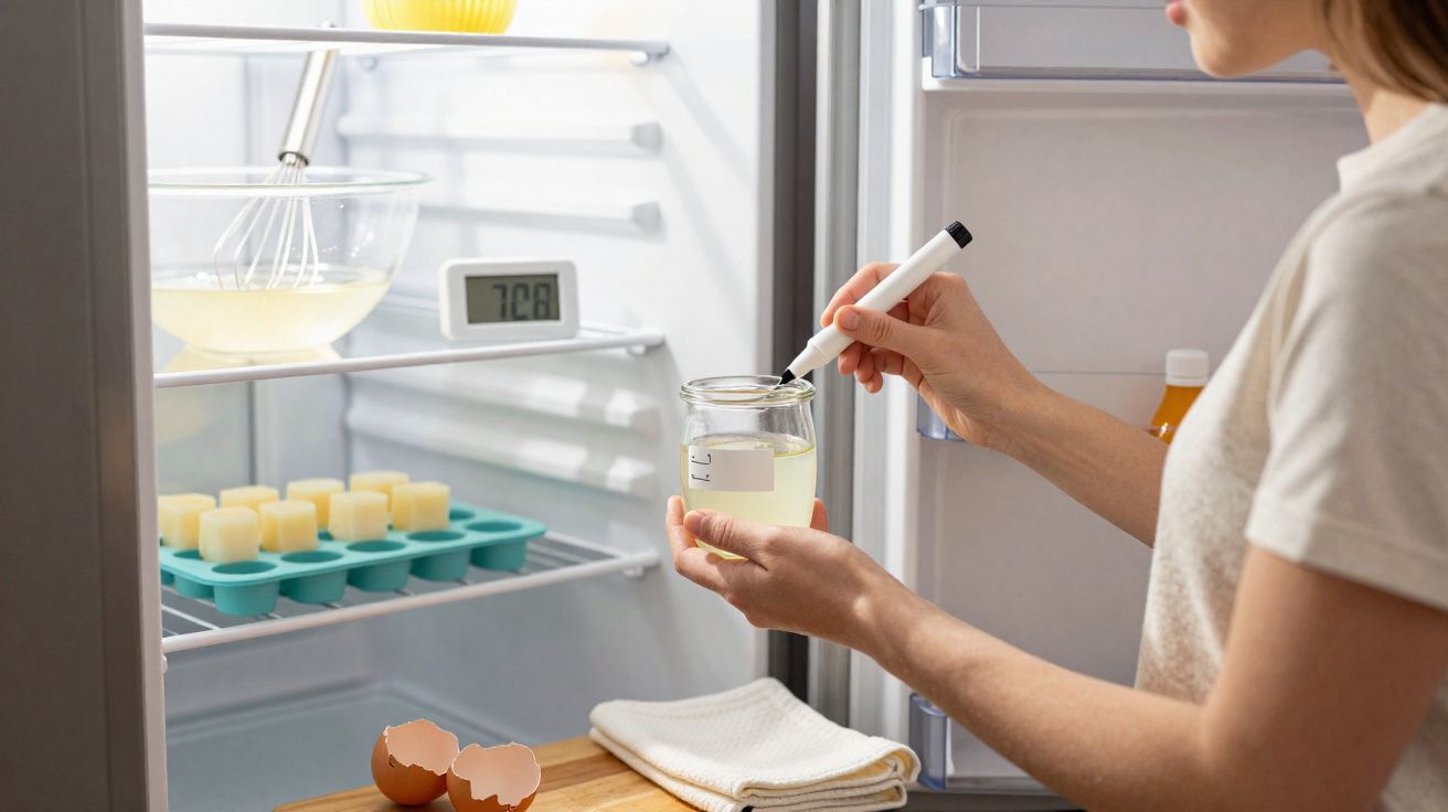 Person labelling a jar of liquid inside a fridge with ice cubes and eggshells nearby on a wooden surface.