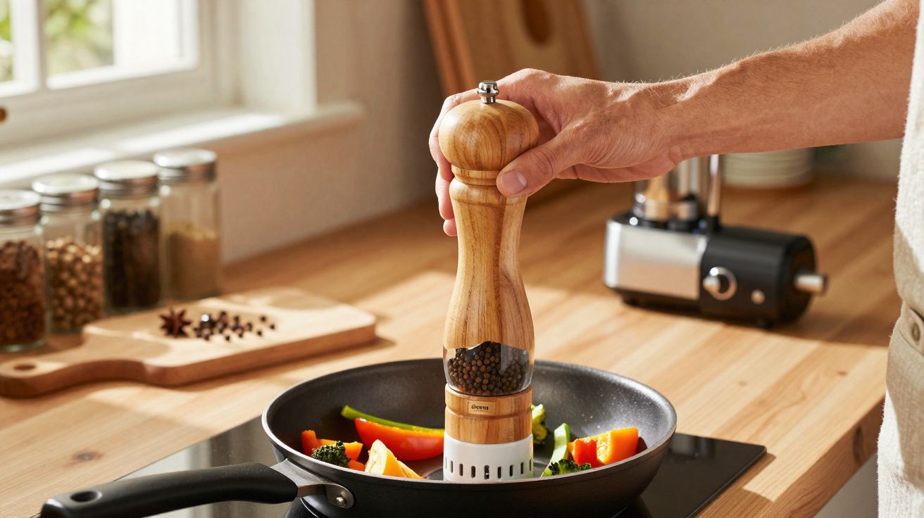 Hand grinding black pepper over a frying pan with mixed vegetables on a kitchen stove.