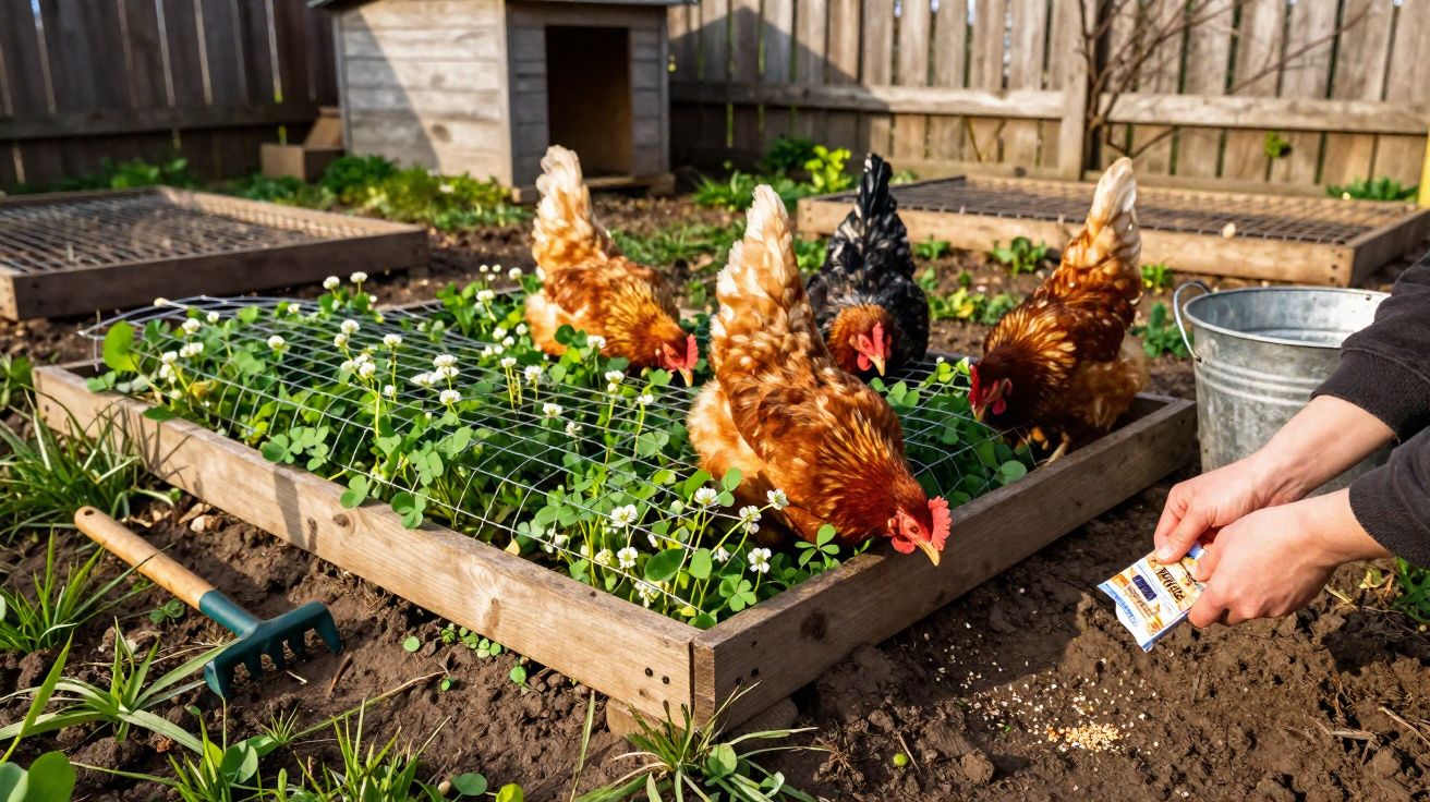 Chickens pecking at plants in a raised garden bed while a person scatters feed nearby in a fenced backyard.