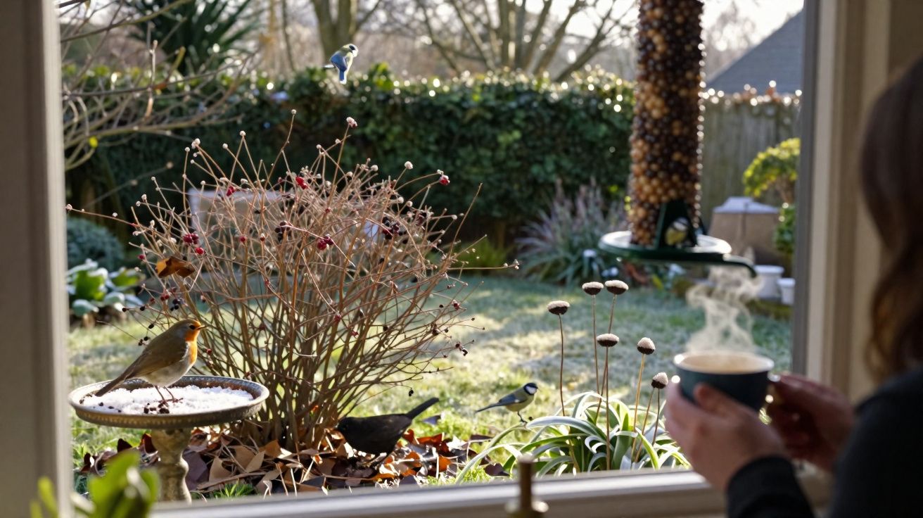 Person holding steaming mug inside, looking out at garden with birds on birdbath and bushes on a sunny day.