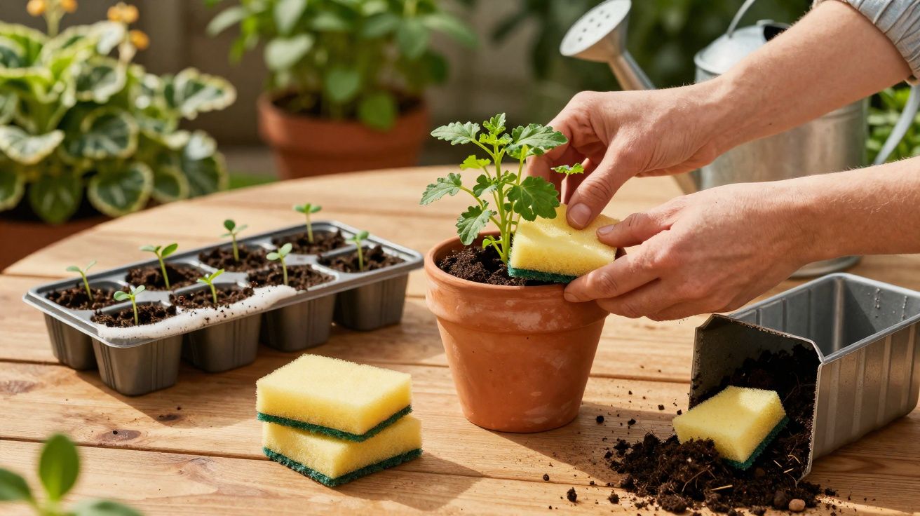 Hands using a sponge to clean a small potted plant on a wooden table with seedlings and soil nearby