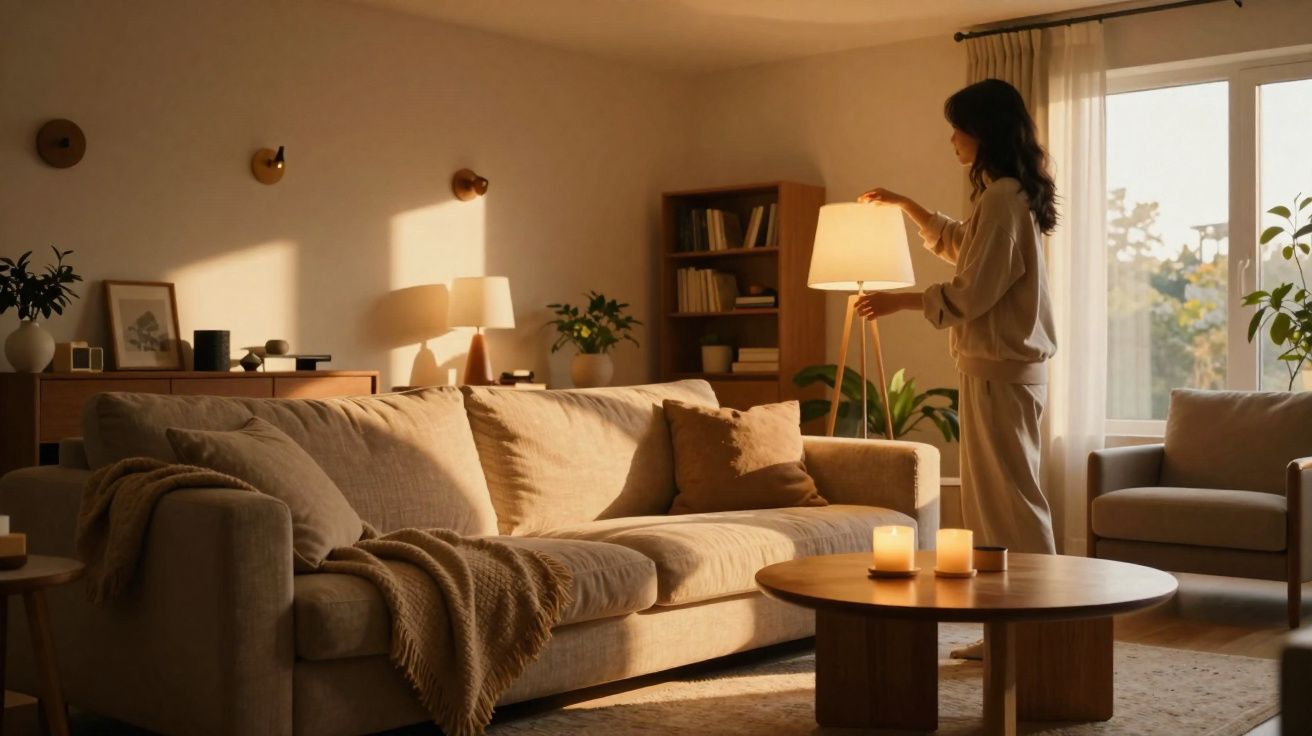 Woman adjusting a lamp in a cozy living room with a beige sofa, wooden furniture, and lit candles on a round table.