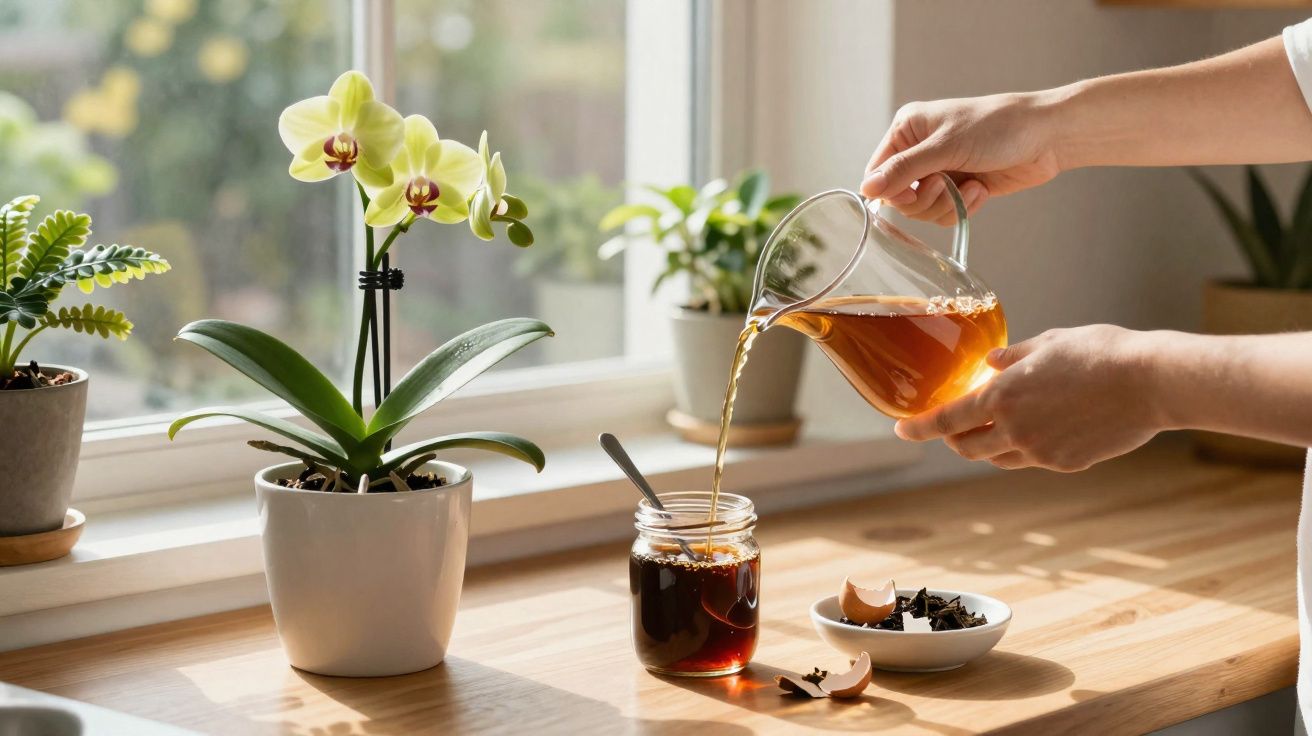 Person pouring tea into a jar on a wooden windowsill beside potted plants and a small dish with tea leaves.