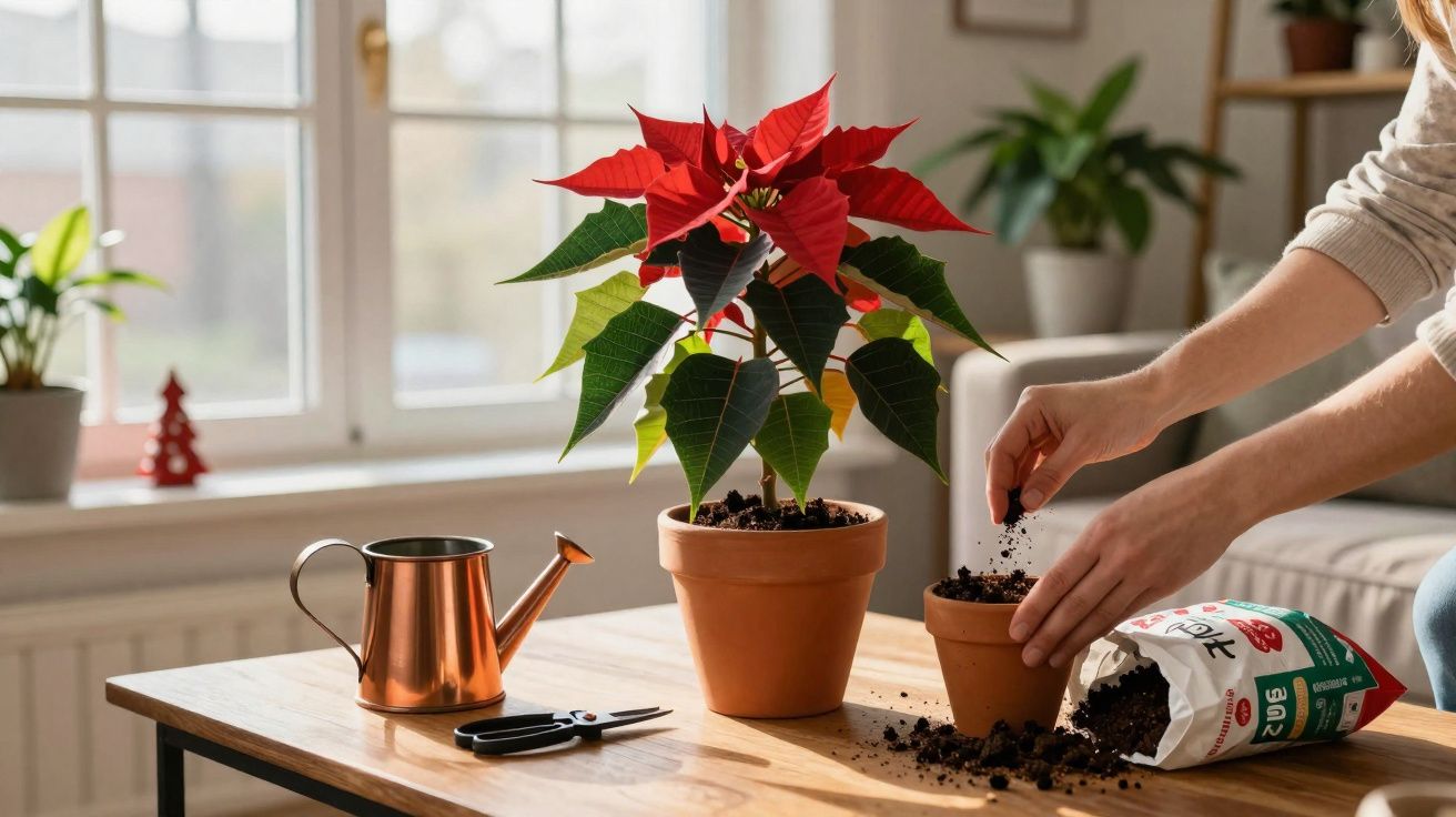 Person potting a poinsettia plant indoors on a wooden table near a window with gardening tools nearby.