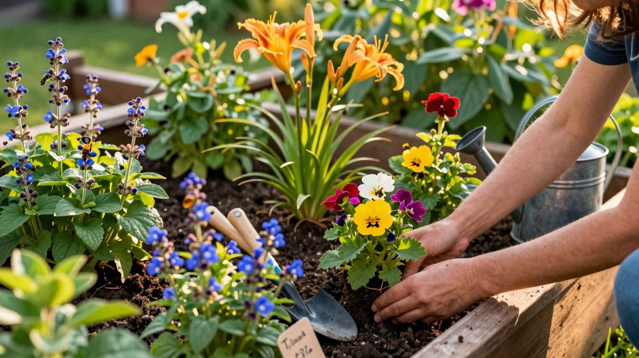 Person planting colourful pansies in a raised garden bed filled with blooming flowers and gardening tools.