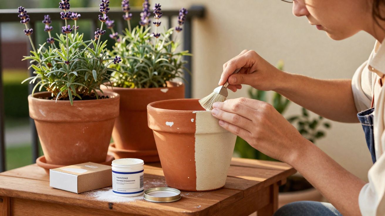 Person painting a terracotta pot white on a wooden table with potted lavender plants nearby.