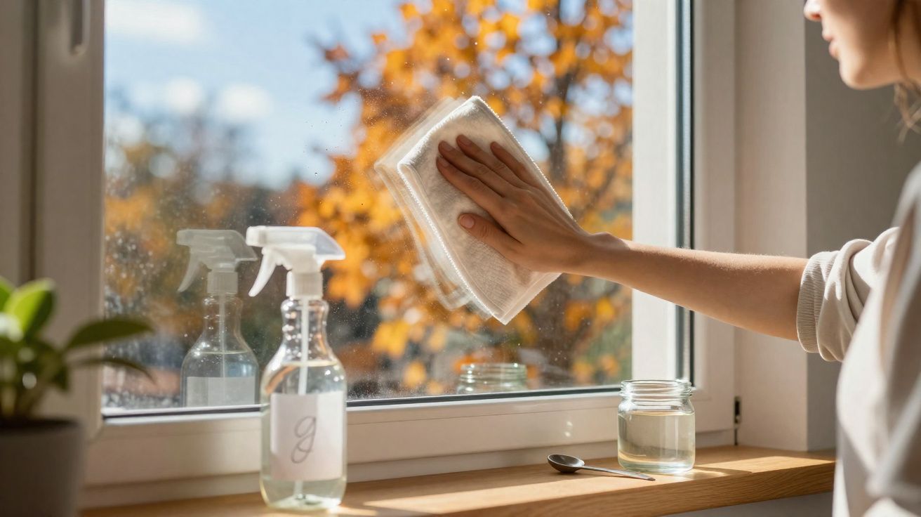 Person cleaning a window with a cloth, next to two spray bottles and a small plant on the windowsill.