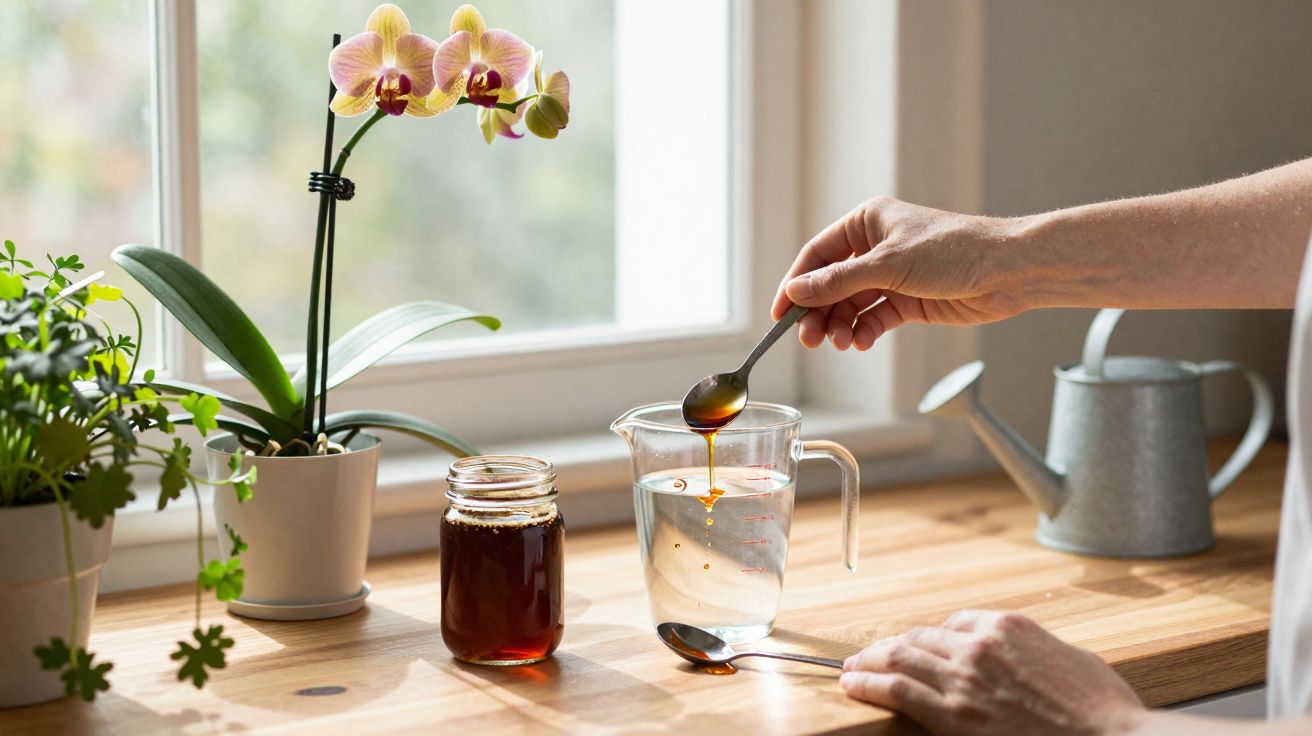 A hand drizzling honey from a spoon into a glass jug of water on a windowsill beside potted plants and a watering can.