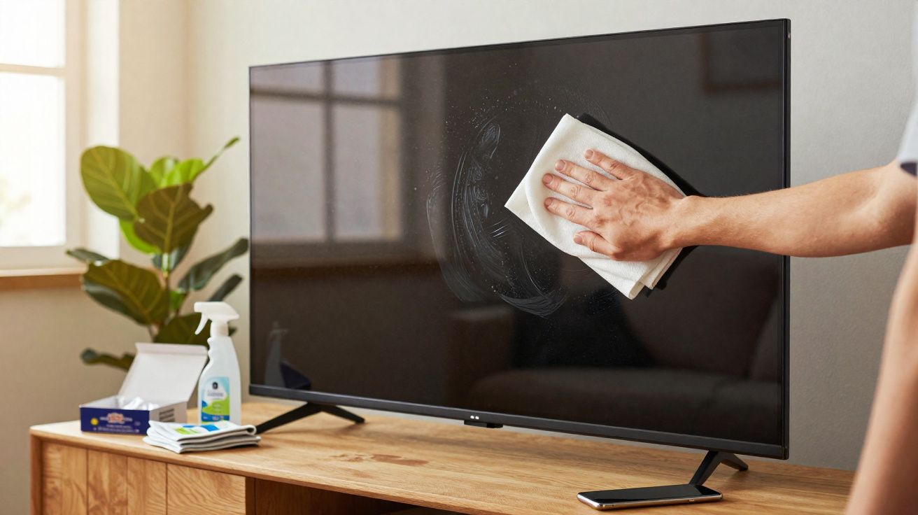 Person wiping a flat screen TV with a cloth on a wooden stand in a living room.