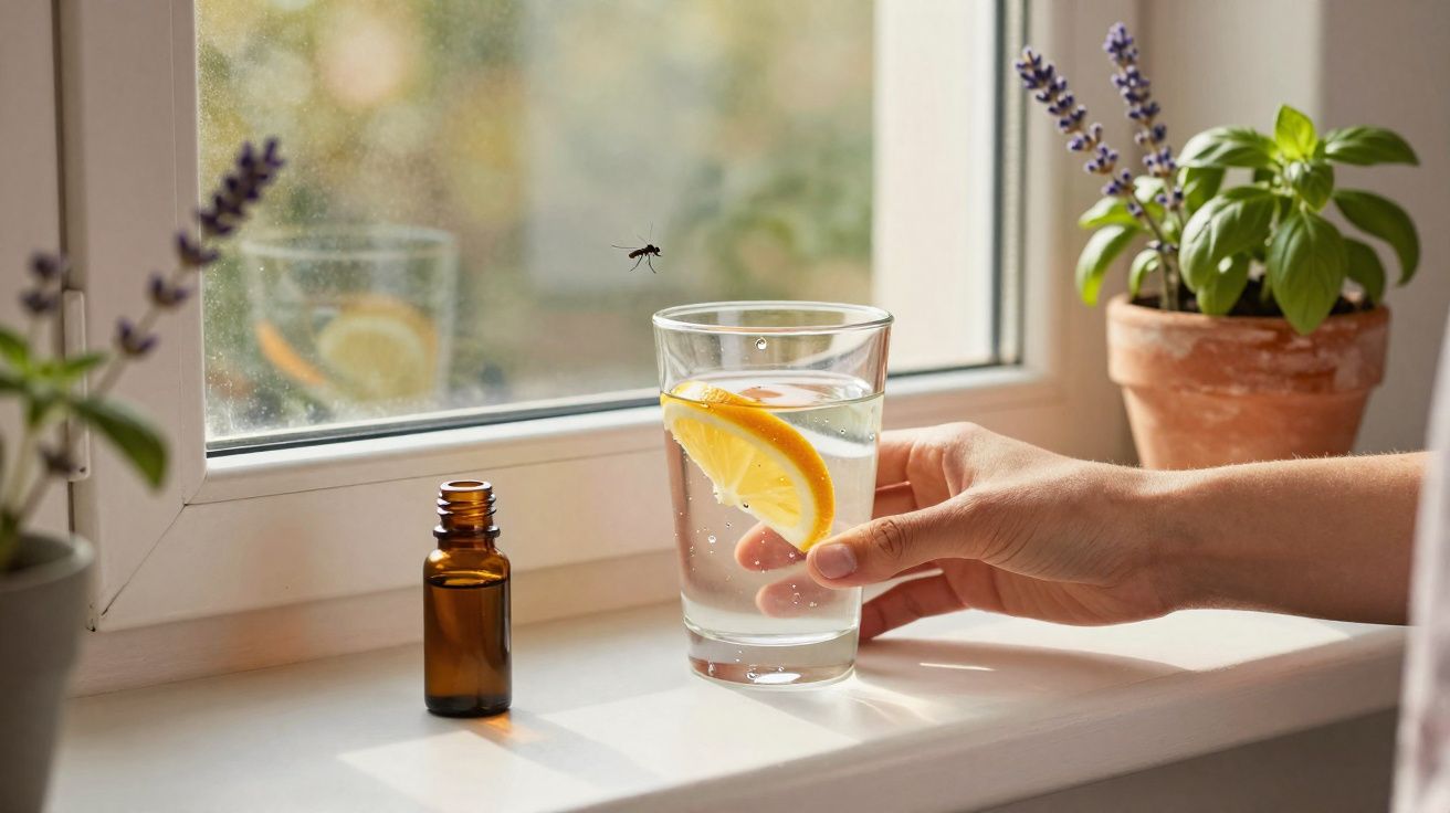 Hand holding a glass of water with lemon slice near window with mosquito and essential oil bottle on sill