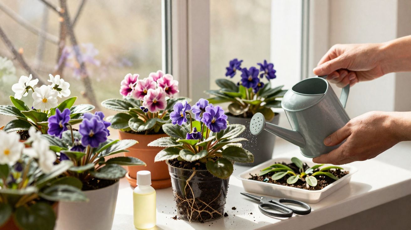 Hands watering African violet plants on a windowsill with a small watering can and gardening tools nearby.