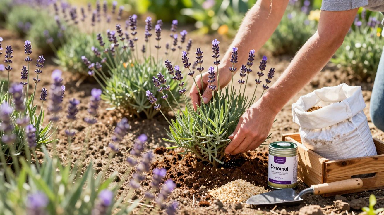 Hands planting lavender in soil with gardening tools, fertiliser, and seeds nearby in a sunny garden.