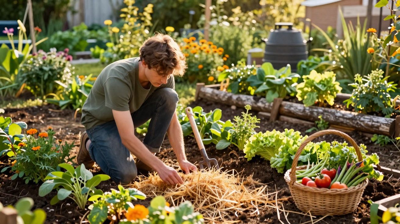Young man kneeling and tending a vegetable garden with fresh produce in a basket nearby on a sunny day.