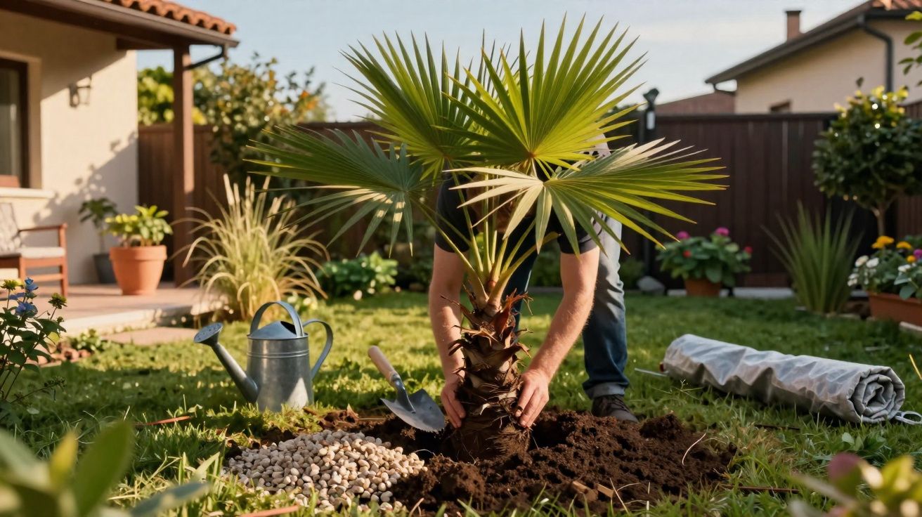 Person planting a young palm tree in a sunny garden with gardening tools and plants around.