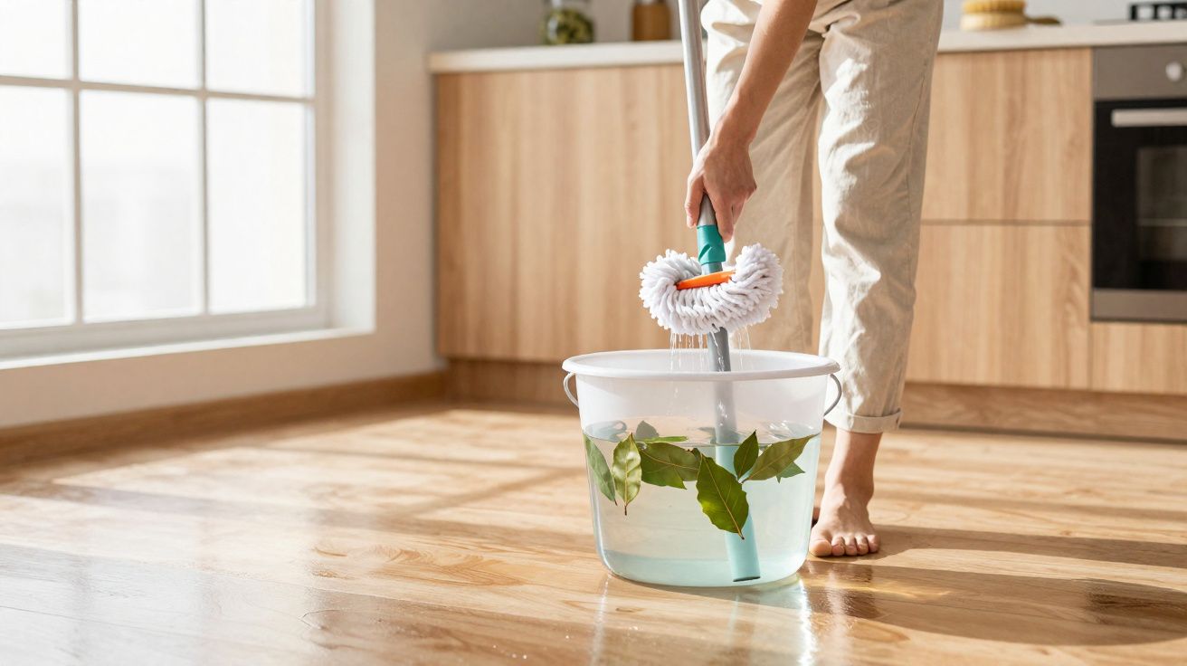 Person dipping mop into a bucket of water with green leaves on a wooden kitchen floor by a window.