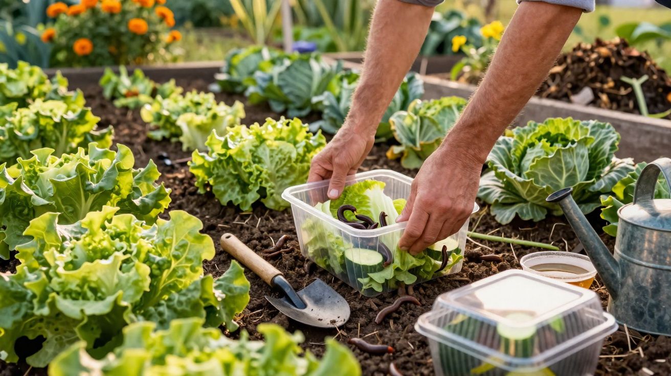 Person harvesting lettuce and cucumbers in a garden bed with gardening tools and watering can nearby.