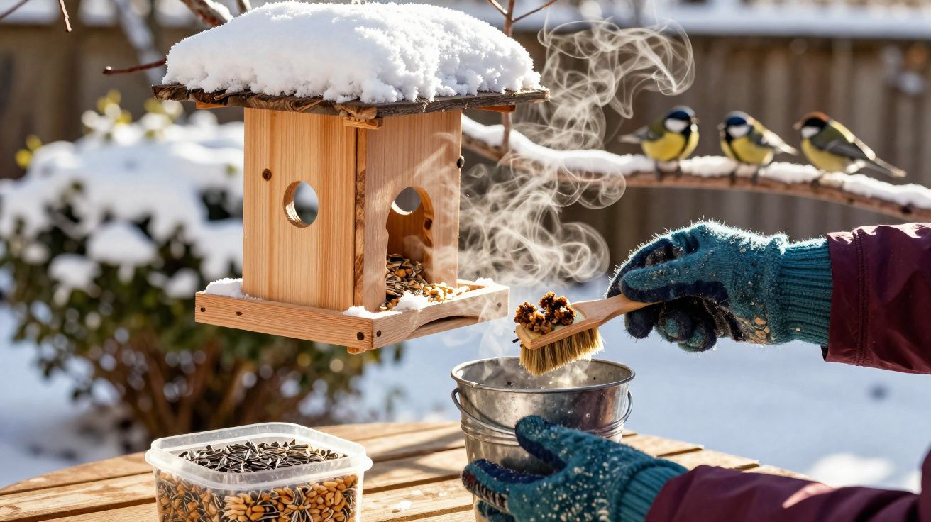 Person wearing gloves cleaning a snowy wooden bird feeder with a brush on a winter day.