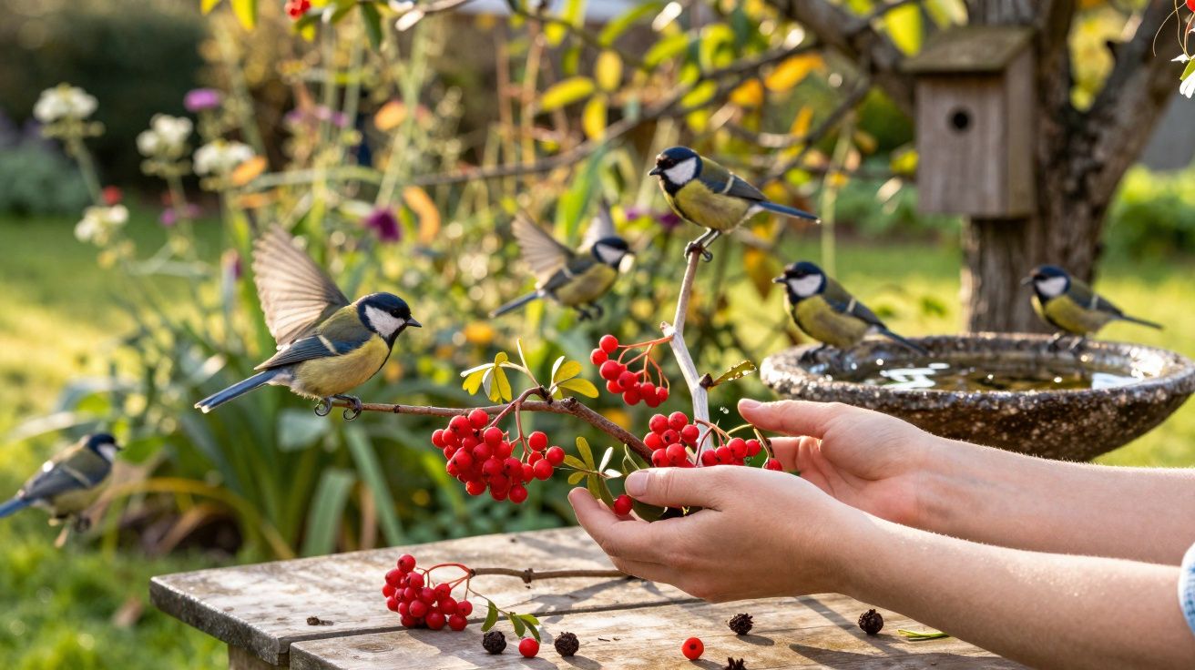 Blue tits feeding from red berries held by hands on a garden table near a birdbath and birdhouse.