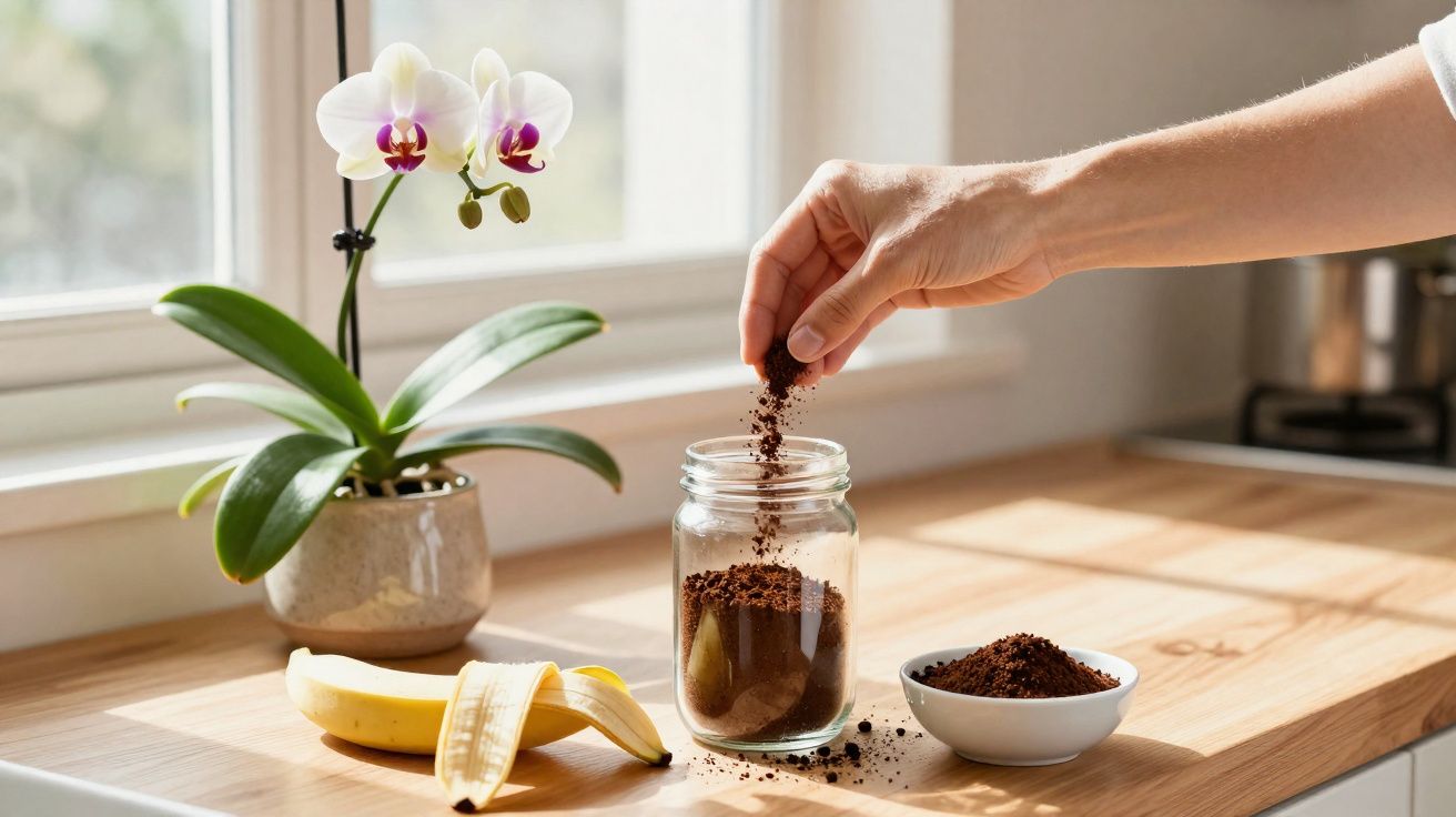 Hand sprinkling ground coffee into a jar on a wooden kitchen counter with a peeled banana and orchid plant nearby.