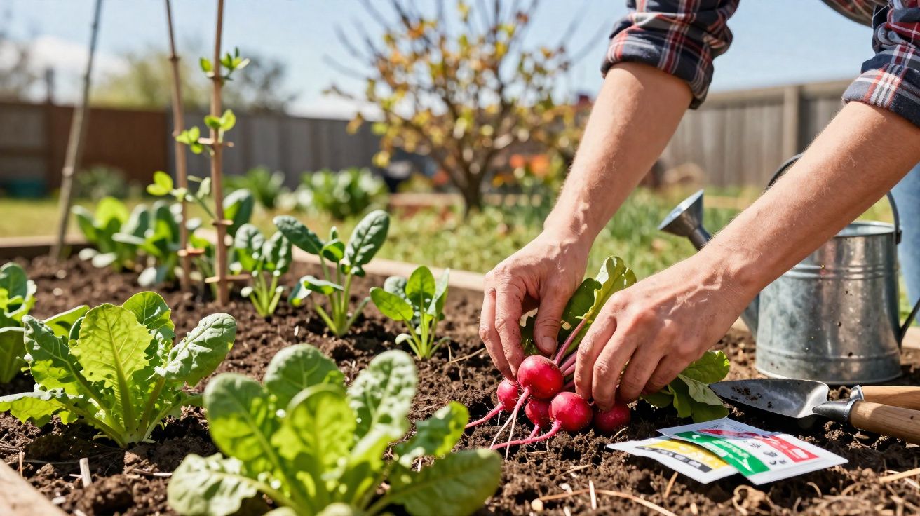 Person harvesting fresh radishes from a home vegetable garden on a sunny day.