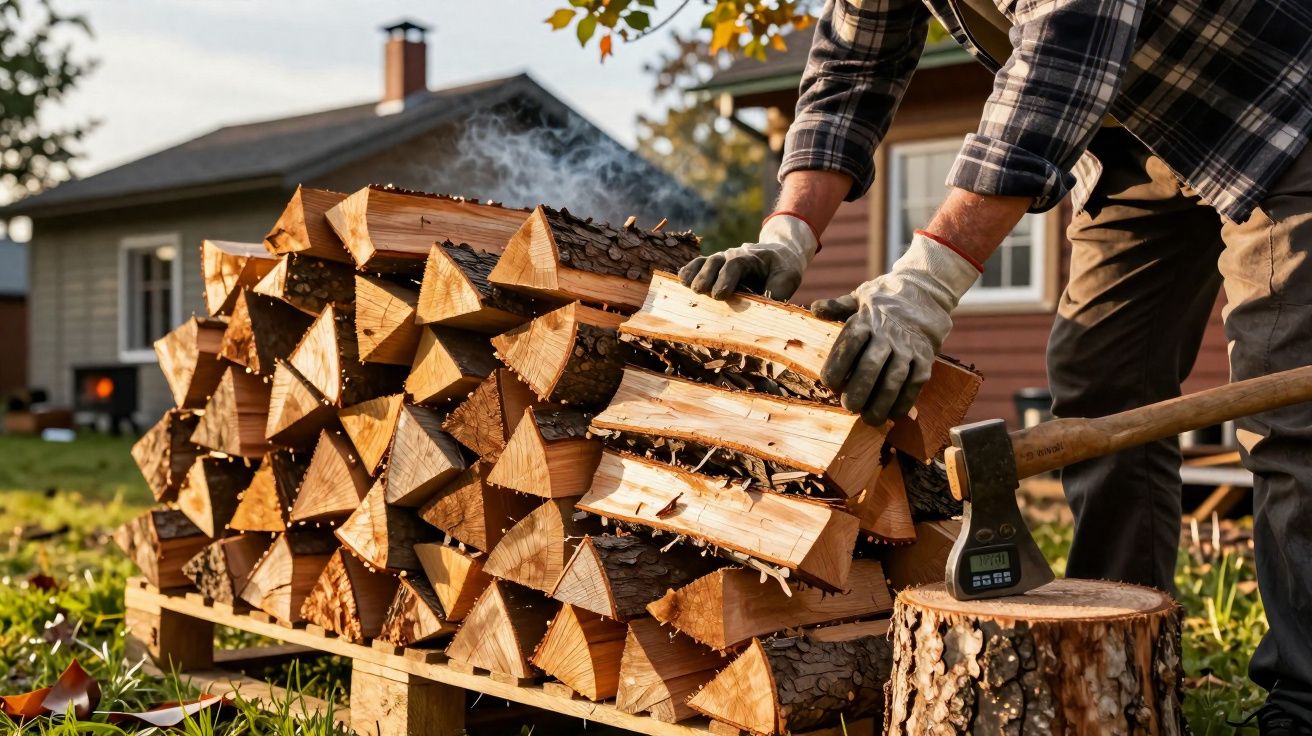 Person stacking split firewood on a woodpile outdoors near a house at sunset.